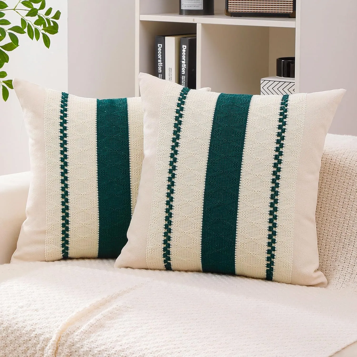 Boho Throw Pillow Covers Set of 2 Linen Farmhouse Pillow Covers 18x18,Rustic Decorative Throw Pillow Cover for Couch,Bed,Living Room (Dark Green, 20" x 20")