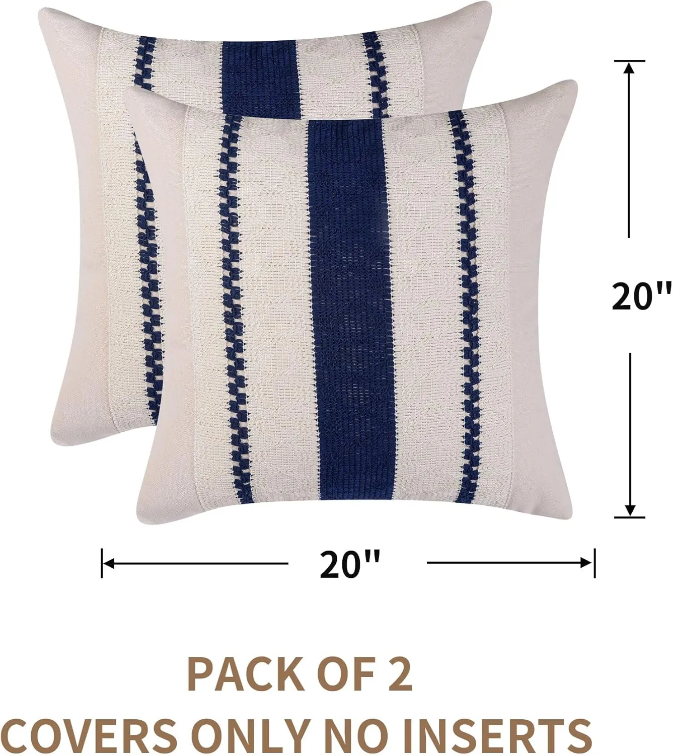 Boho Throw Pillow Covers Set of 2 Linen Farmhouse Pillow Covers 18x18,Rustic Decorative Throw Pillow Cover for Couch,Bed,Living Room (Navy Blue, 20" x 20")