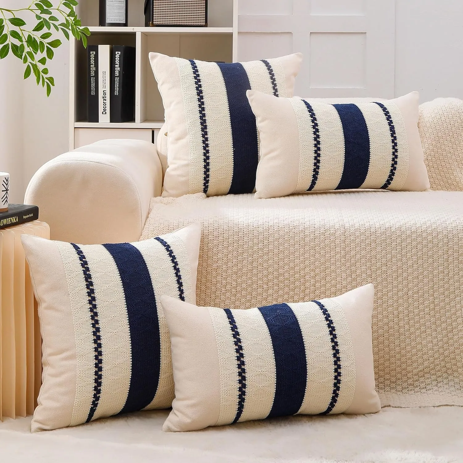 Boho Throw Pillow Covers Set of 2 Linen Farmhouse Pillow Covers 18x18,Rustic Decorative Throw Pillow Cover for Couch,Bed,Living Room (Navy Blue, 20" x 20")