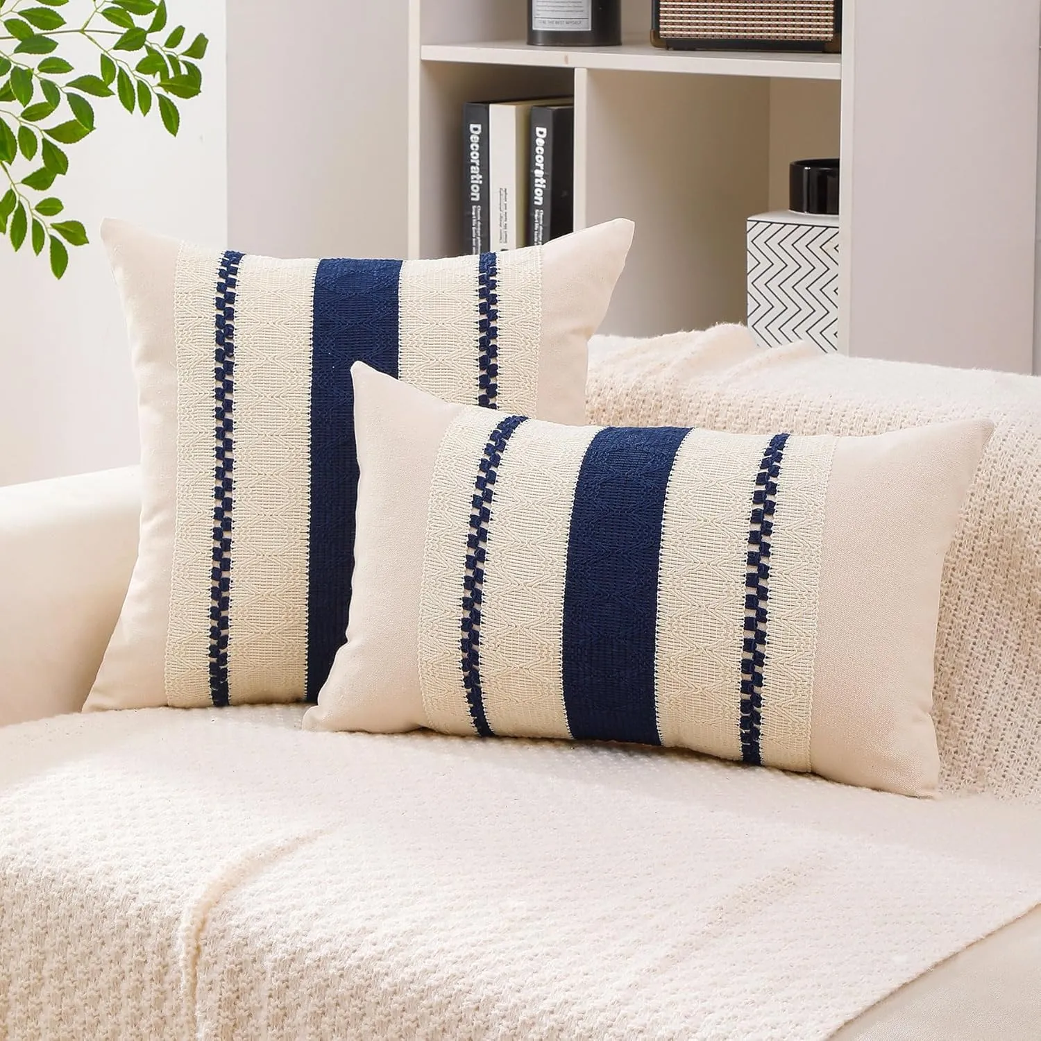Boho Throw Pillow Covers Set of 2 Linen Farmhouse Pillow Covers 18x18,Rustic Decorative Throw Pillow Cover for Couch,Bed,Living Room (Navy Blue, 20" x 20")