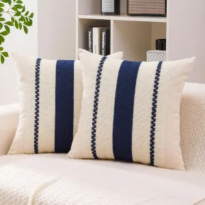 Boho Throw Pillow Covers Set of 2 Linen Farmhouse Pillow Covers 18x18,Rustic Decorative Throw Pillow Cover for Couch,Bed,Living Room (Navy Blue, 20" x 20")