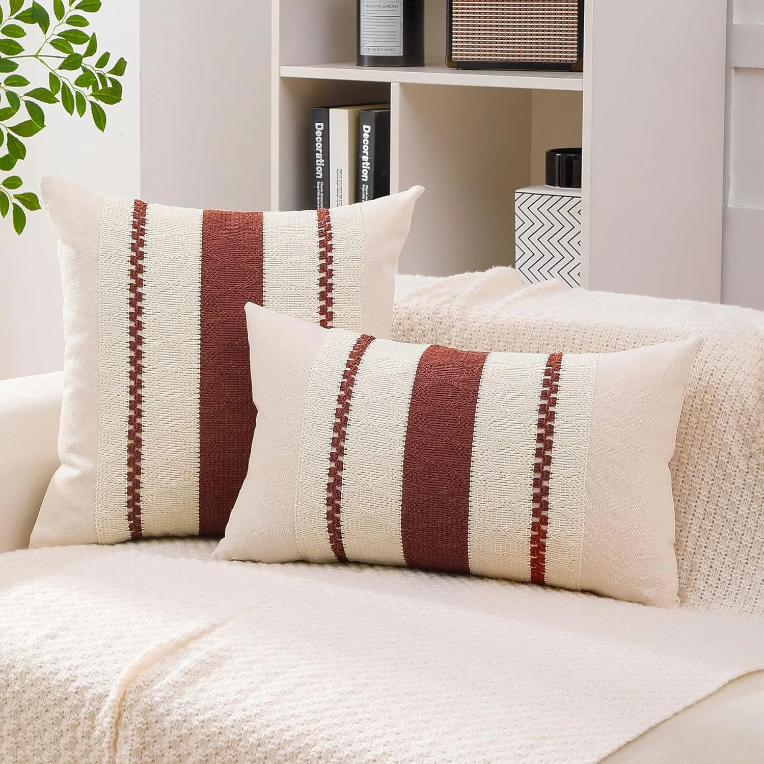 Boho Throw Pillow Covers Set of 2 Linen Farmhouse Pillow Covers 18x18,Rustic Decorative Throw Pillow Cover for Couch,Bed,Living Room (Rust Red, 20" x 20")
