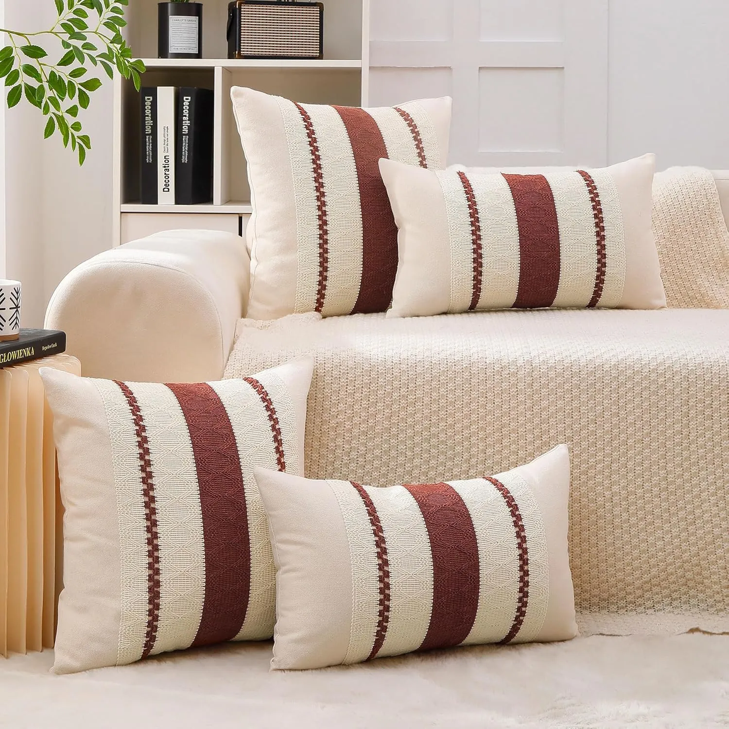Boho Throw Pillow Covers Set of 2 Linen Farmhouse Pillow Covers 18x18,Rustic Decorative Throw Pillow Cover for Couch,Bed,Living Room (Rust Red, 20" x 20")