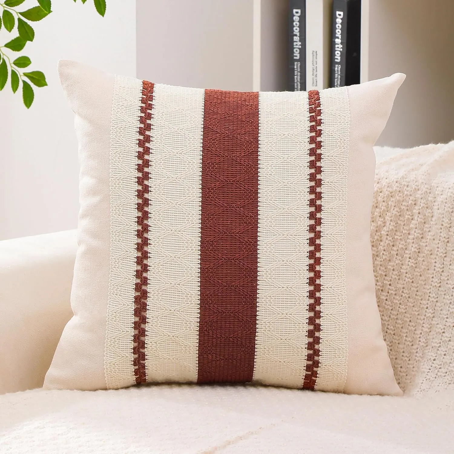 Boho Throw Pillow Covers Set of 2 Linen Farmhouse Pillow Covers 18x18,Rustic Decorative Throw Pillow Cover for Couch,Bed,Living Room (Rust Red, 20" x 20")