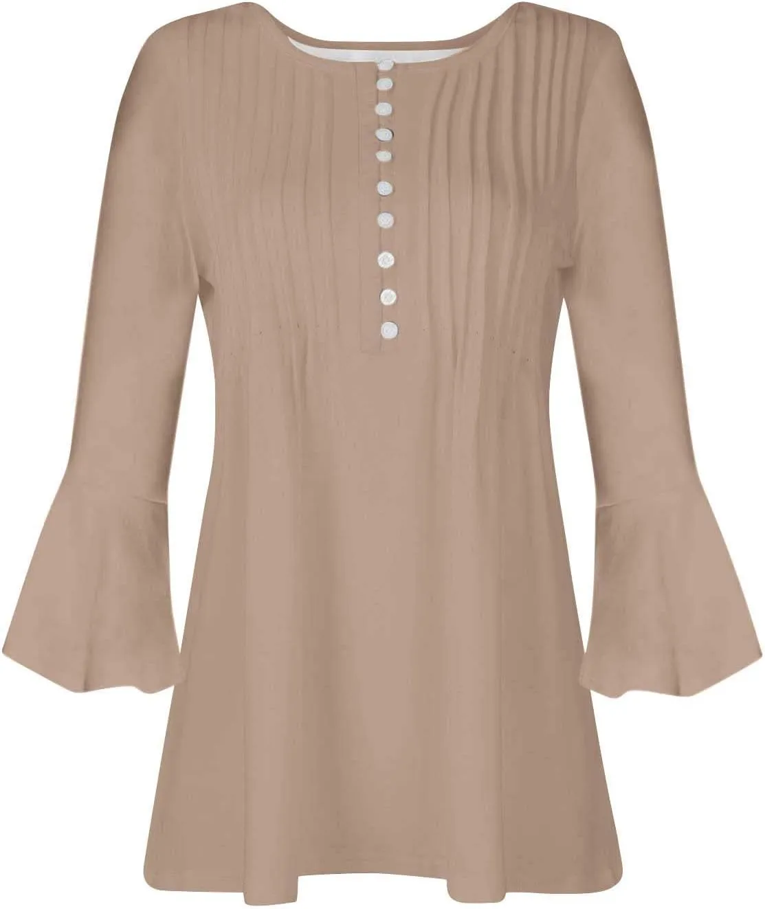 Boho Tops for Women Fall Solid Button Down Empire Waist Pleated Shirts V-Neck Fashion 3/4 Sleeve Vintage Flowy Blouse