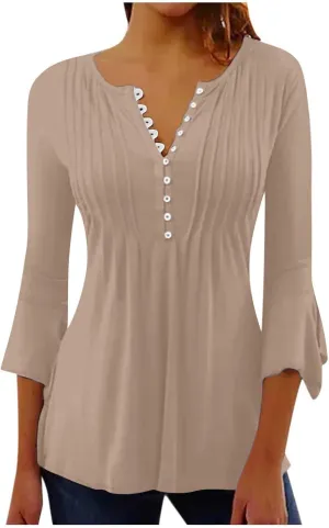 Boho Tops for Women Fall Solid Button Down Empire Waist Pleated Shirts V-Neck Fashion 3/4 Sleeve Vintage Flowy Blouse