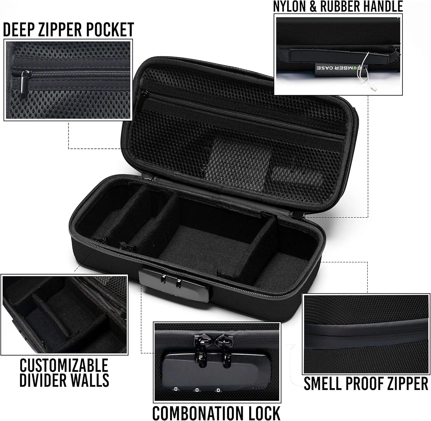 BOMBER CASE - Elite Series - Odor-Proof Lock Box with Customizable Interior - Durable, Flexible, and Secure - 9.5" x 4" x 3.5" - Black