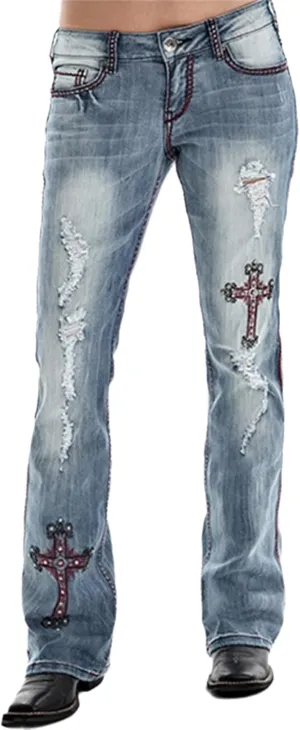 Bootcut Jeans for Women Mid Rise Ripped Distressed Embroidered Cross Jeans Stretchy Fit Denim Long Pants