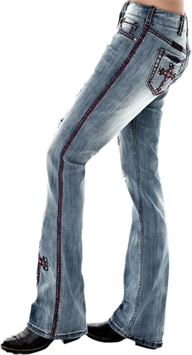 Bootcut Jeans for Women Mid Rise Ripped Distressed Embroidered Cross Jeans Stretchy Fit Denim Long Pants