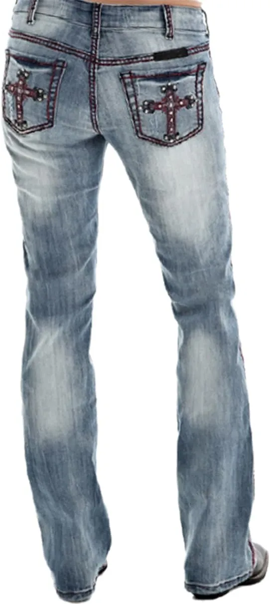 Bootcut Jeans for Women Mid Rise Ripped Distressed Embroidered Cross Jeans Stretchy Fit Denim Long Pants
