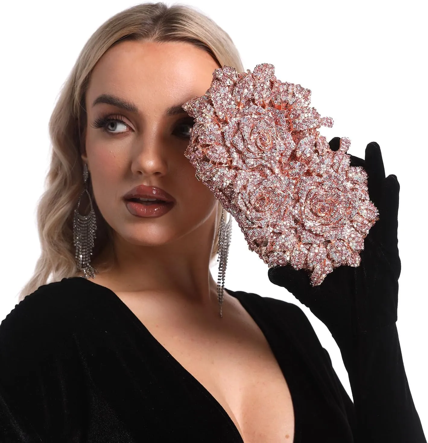 Boutique De FGG Dazzling Flower Evening Bags For Women Formal Party Rhinestone Handbags Wedding Crystal Clutch Purse,Mini