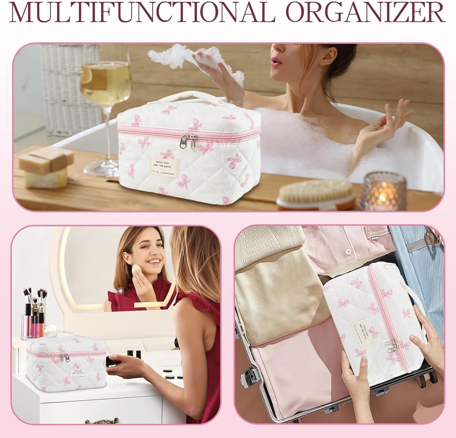 Bow Makeup Bag Organizer, Travel Makeup Bags for Women, Quilted Cosmetic Bag for Women, Large Travel Toiletry Bag, Cute Makeup Bags for Teen Girls, Cute Toiletry Bag Organizer
