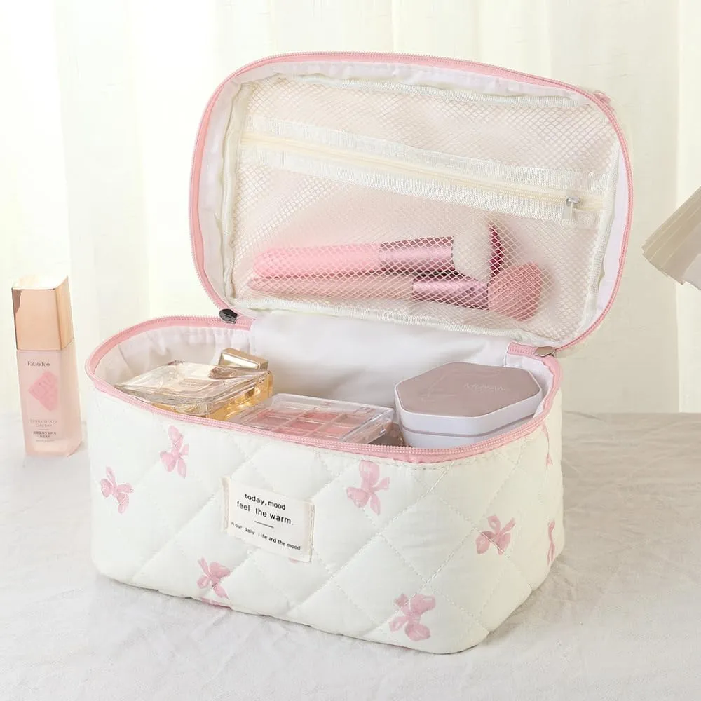 Bow Makeup Bag Organizer, Travel Makeup Bags for Women, Quilted Cosmetic Bag for Women, Large Travel Toiletry Bag, Cute Makeup Bags for Teen Girls, Cute Toiletry Bag Organizer