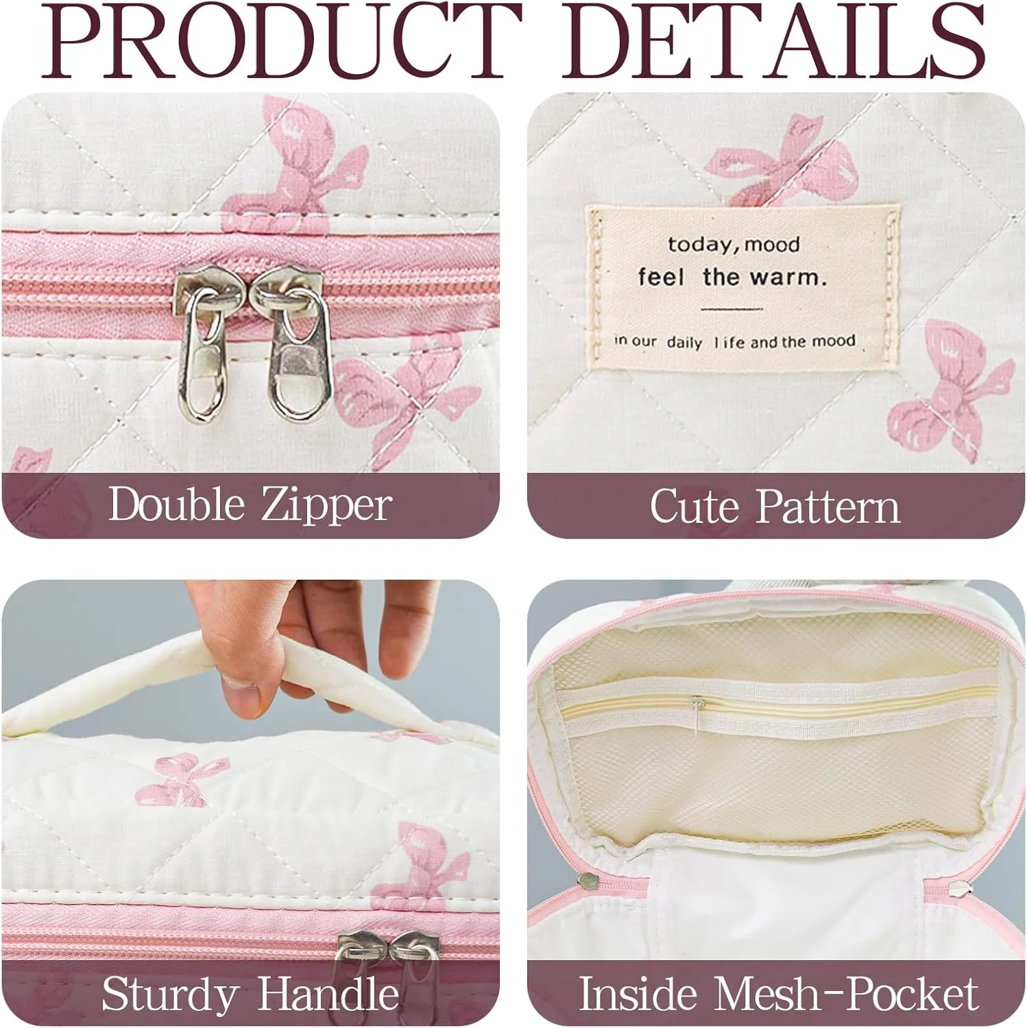 Bow Makeup Bag Organizer, Travel Makeup Bags for Women, Quilted Cosmetic Bag for Women, Large Travel Toiletry Bag, Cute Makeup Bags for Teen Girls, Cute Toiletry Bag Organizer