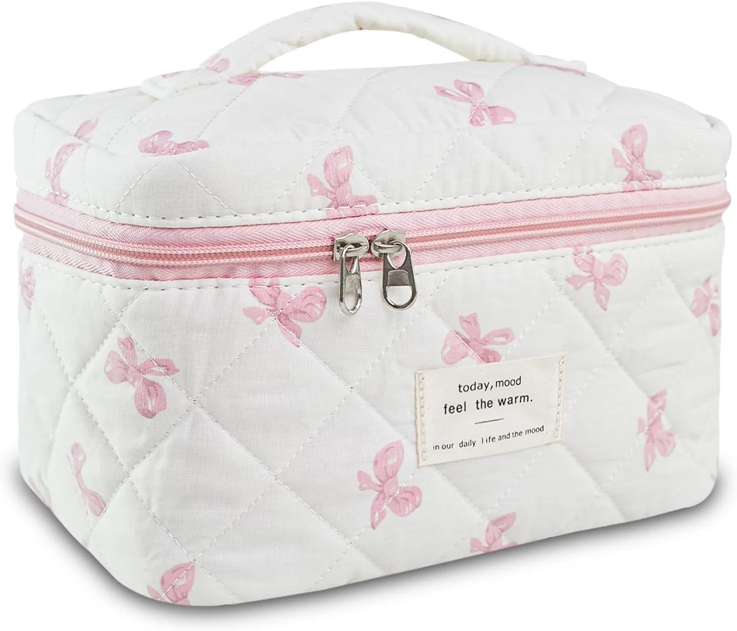 Bow Makeup Bag Organizer, Travel Makeup Bags for Women, Quilted Cosmetic Bag for Women, Large Travel Toiletry Bag, Cute Makeup Bags for Teen Girls, Cute Toiletry Bag Organizer