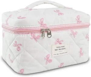 Bow Makeup Bag Organizer, Travel Makeup Bags for Women, Quilted Cosmetic Bag for Women, Large Travel Toiletry Bag, Cute Makeup Bags for Teen Girls, Cute Toiletry Bag Organizer