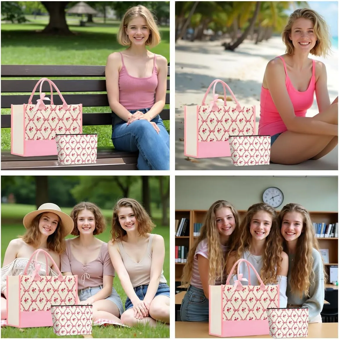 Bow Tote Bag 2Pcs Coquette Pink Bow Preppy Makeup Bag Set Cute Aesthetic Pink Bow Canvas Reusable Grocery Shopping Bag