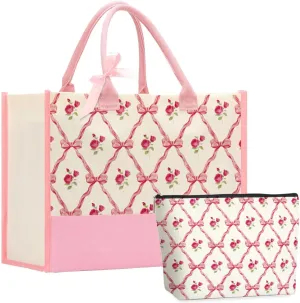 Bow Tote Bag 2Pcs Coquette Pink Bow Preppy Makeup Bag Set Cute Aesthetic Pink Bow Canvas Reusable Grocery Shopping Bag