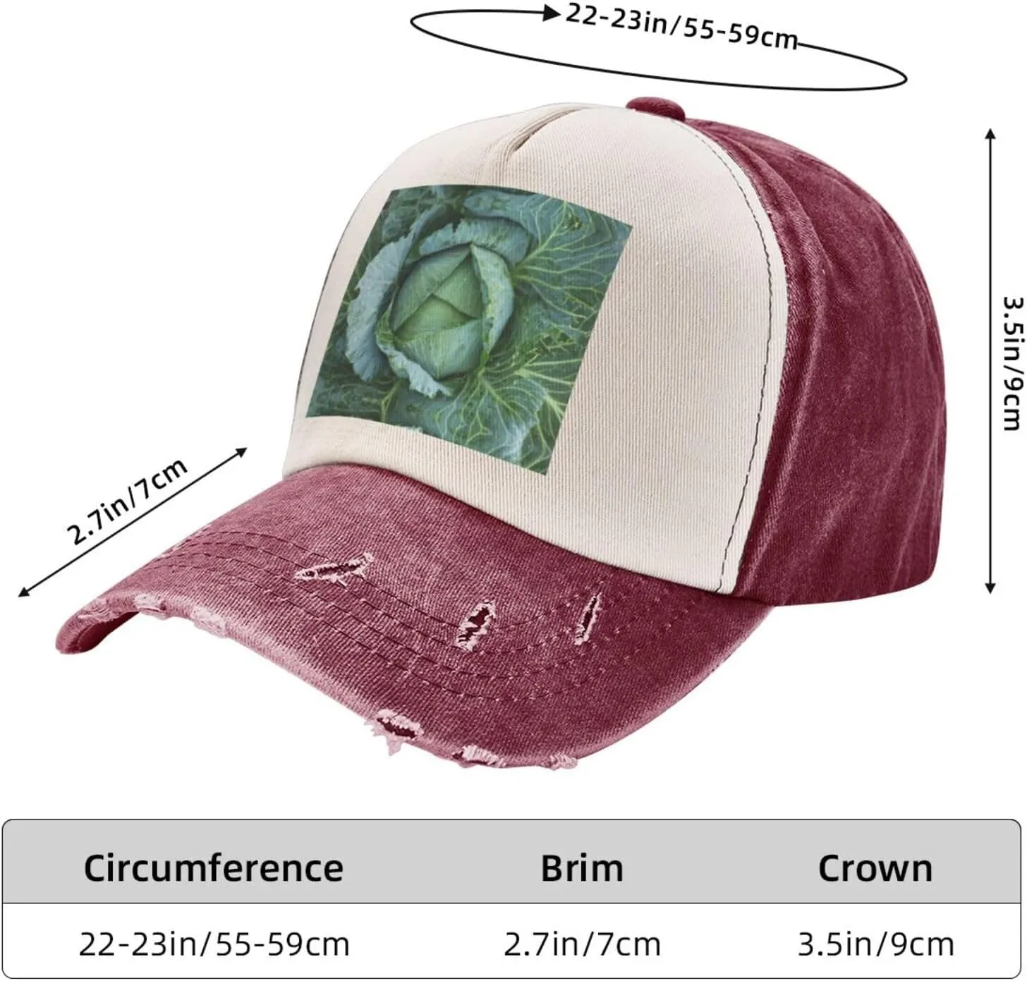 Bright Cabbage Print Golf Cap Washed Distressed Baseball Cap Adjustable Hat with Classic Suitable Hat
