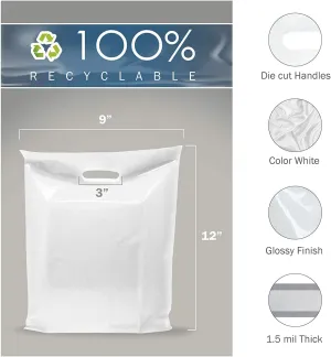 Brilliant Bag Co Extra Thick 1.5mil - 50 Glossy Merch Bags, Retail bags, 9" X 12" with Die Cut Reinforced 3" Fold Over Handle, No Gusset (White)