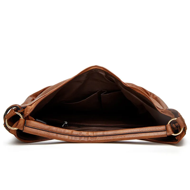 Brown Distressed Faux Leather Hobo Bag - Large Capacity Shoulder Bag for Women