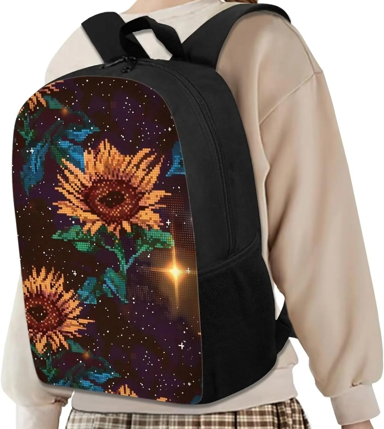 Brown Pixel Sunflowers C Print Pixel Art 17 Inch Backpack for Students，Teenager Bag，School Travel Hiking Daily Use