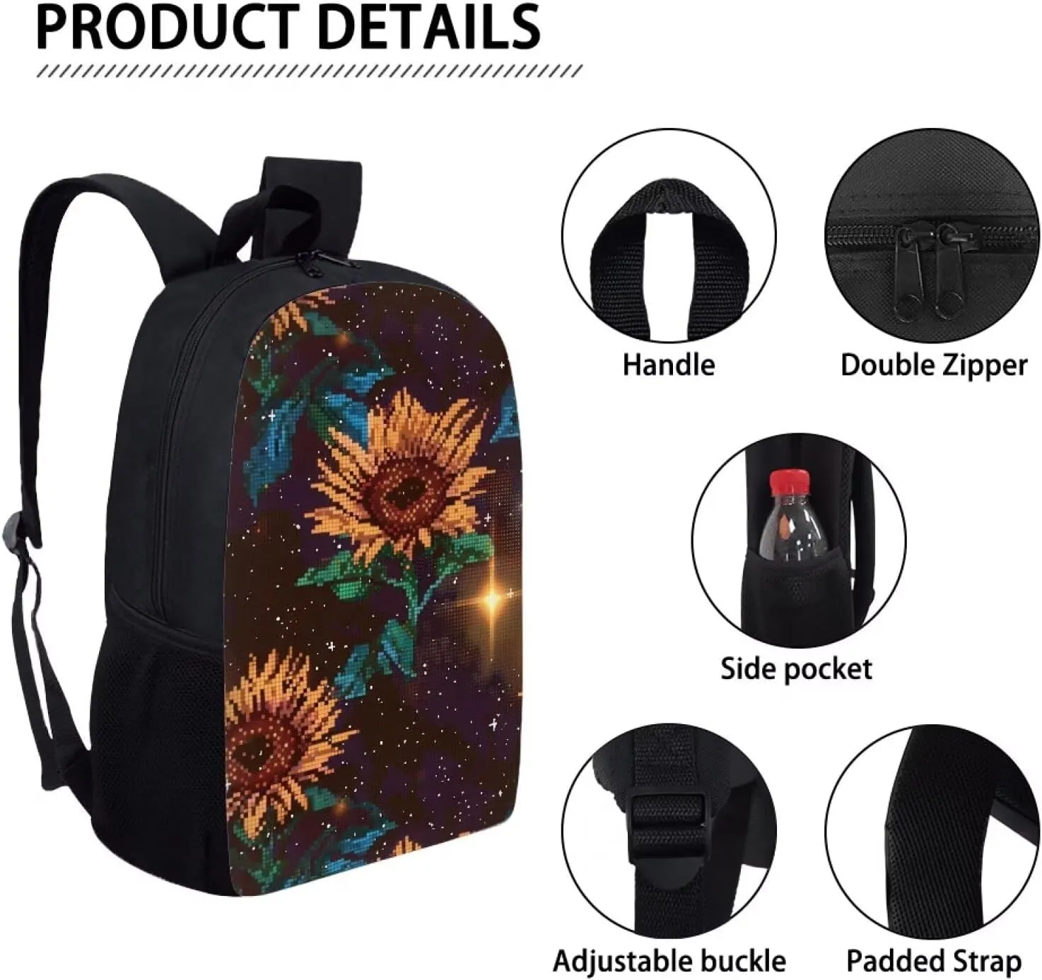 Brown Pixel Sunflowers C Print Pixel Art 17 Inch Backpack for Students，Teenager Bag，School Travel Hiking Daily Use