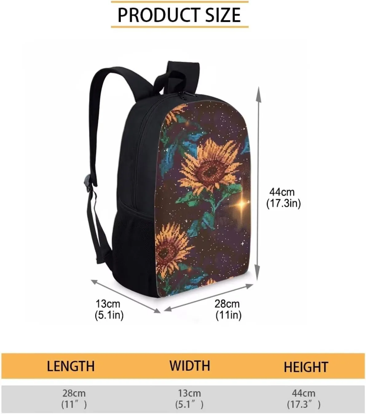 Brown Pixel Sunflowers C Print Pixel Art 17 Inch Backpack for Students，Teenager Bag，School Travel Hiking Daily Use