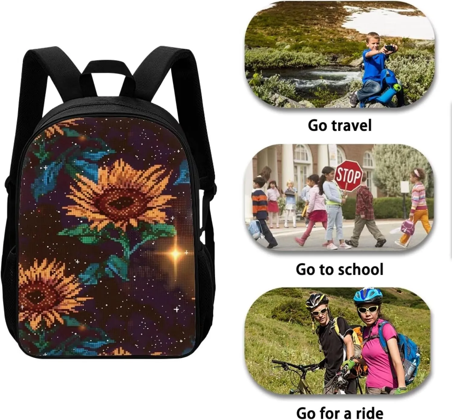 Brown Pixel Sunflowers C Print Pixel Art 17 Inch Backpack for Students，Teenager Bag，School Travel Hiking Daily Use