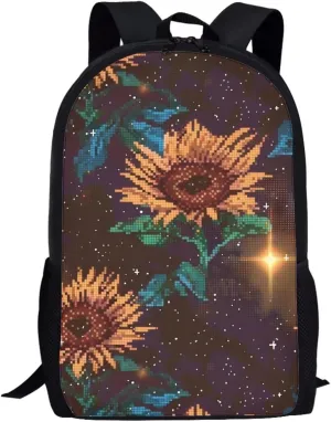Brown Pixel Sunflowers C Print Pixel Art 17 Inch Backpack for Students，Teenager Bag，School Travel Hiking Daily Use