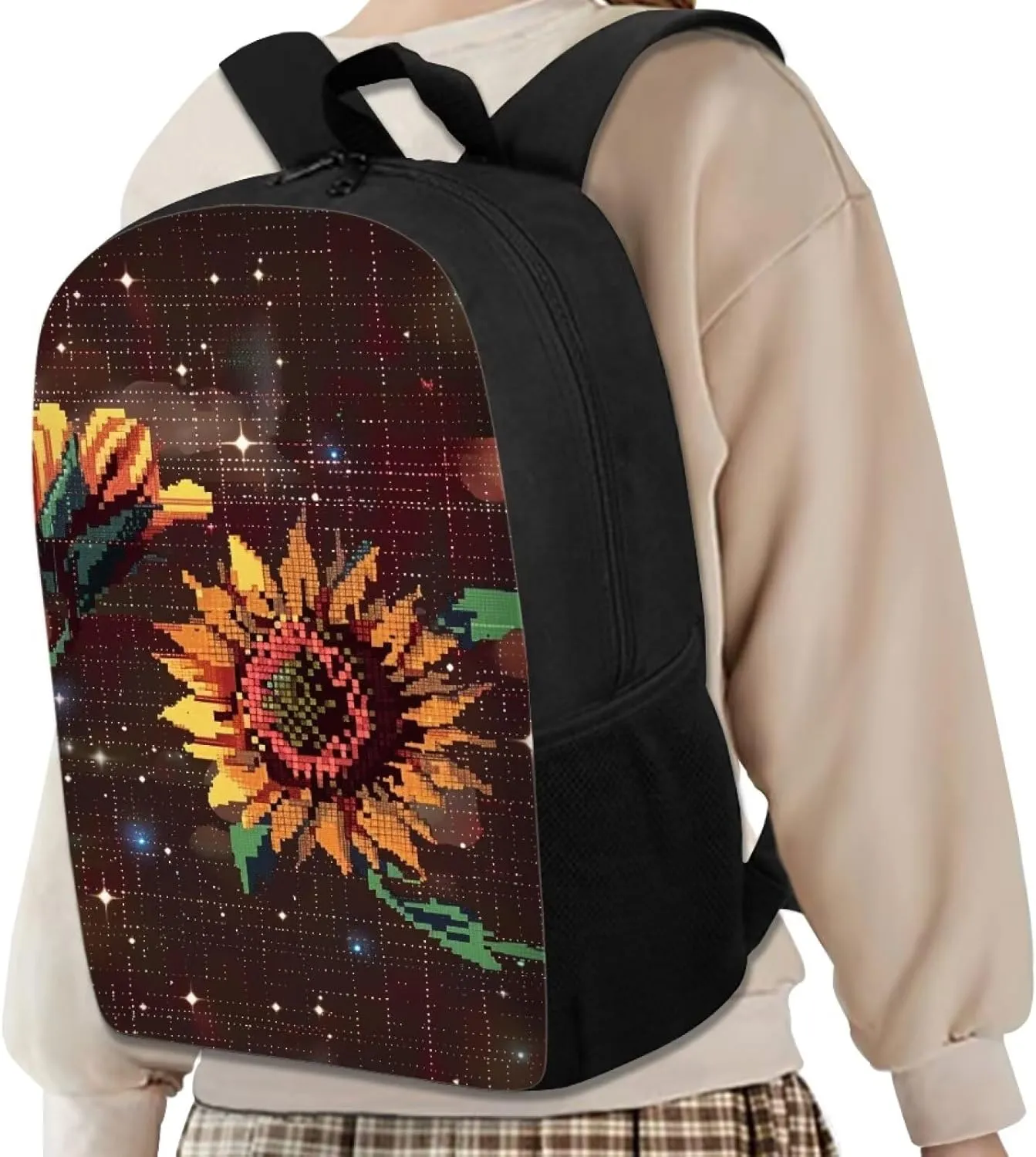 Brown Pixel Sunflowers D Print Pixel Art 17 Inch Backpack for Students，Teenager Bag，School Travel Hiking Daily Use