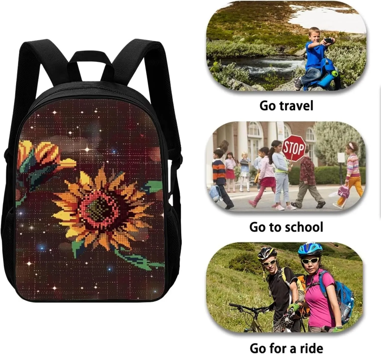 Brown Pixel Sunflowers D Print Pixel Art 17 Inch Backpack for Students，Teenager Bag，School Travel Hiking Daily Use