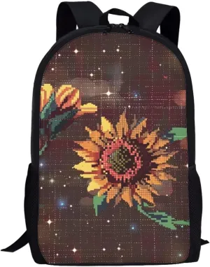 Brown Pixel Sunflowers D Print Pixel Art 17 Inch Backpack for Students，Teenager Bag，School Travel Hiking Daily Use