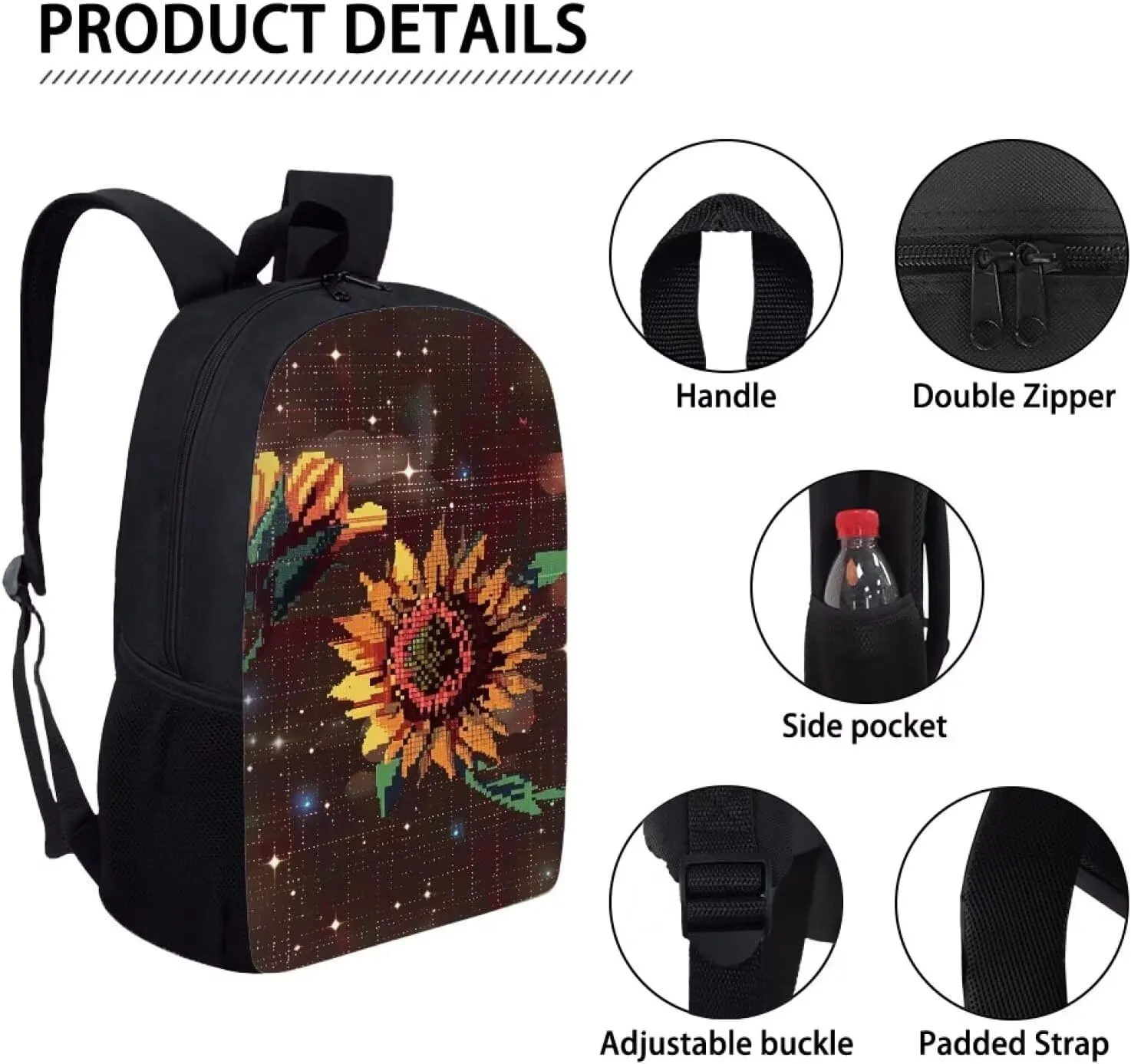 Brown Pixel Sunflowers D Print Pixel Art 17 Inch Backpack for Students，Teenager Bag，School Travel Hiking Daily Use