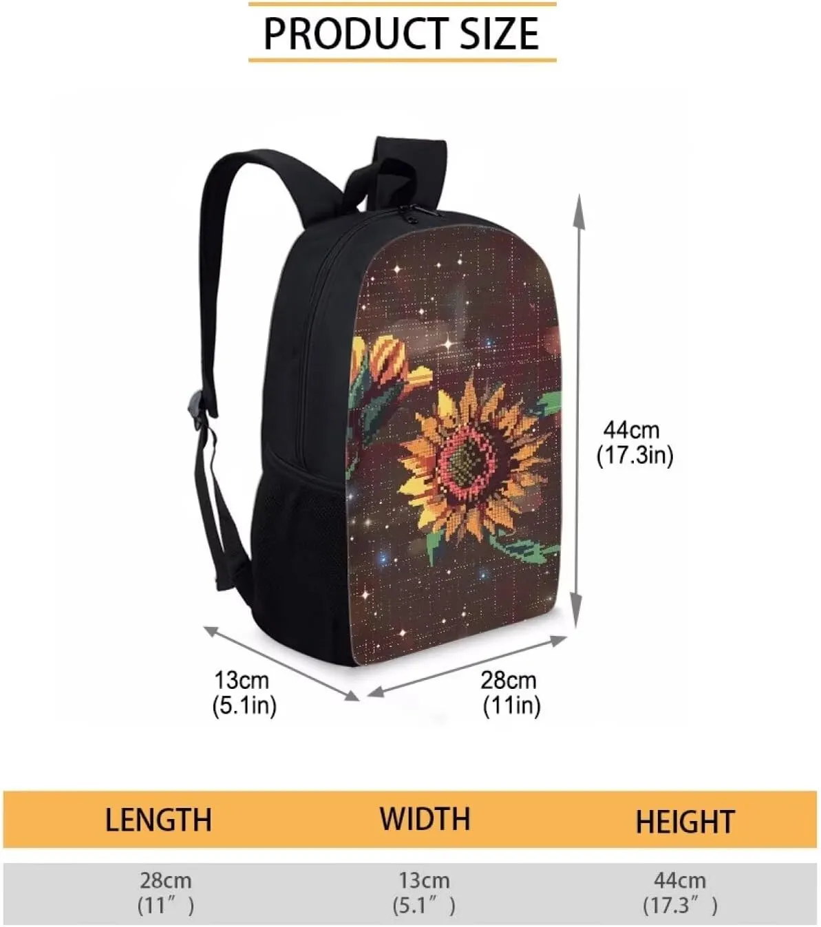 Brown Pixel Sunflowers D Print Pixel Art 17 Inch Backpack for Students，Teenager Bag，School Travel Hiking Daily Use
