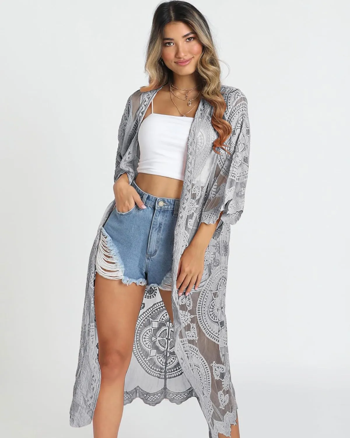 Bsubseach Women Mesh Cardigan Bikini Beach Kimono Open Front Swimsuit Cover Ups Swimwear