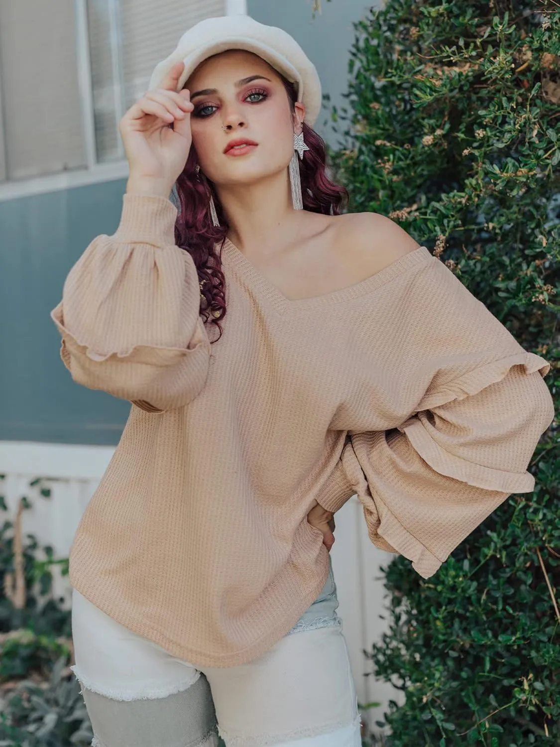 BTFBM Women's V Neck Long Sleeve Blouse Loose Fit Tunics Ruffles Off Shoulder Waffle Knit Solid Color Tops Fall Tee Shirts