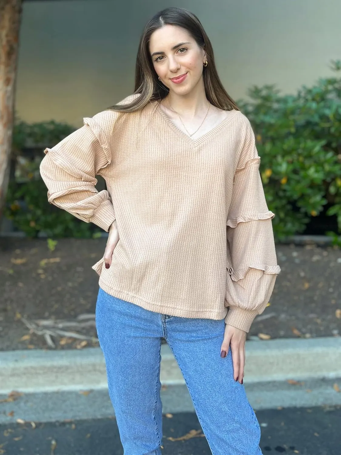 BTFBM Women's V Neck Long Sleeve Blouse Loose Fit Tunics Ruffles Off Shoulder Waffle Knit Solid Color Tops Fall Tee Shirts