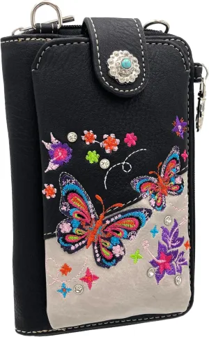 Butterfly Flower Season Embroidery Crossbody Phone Wallet Purse