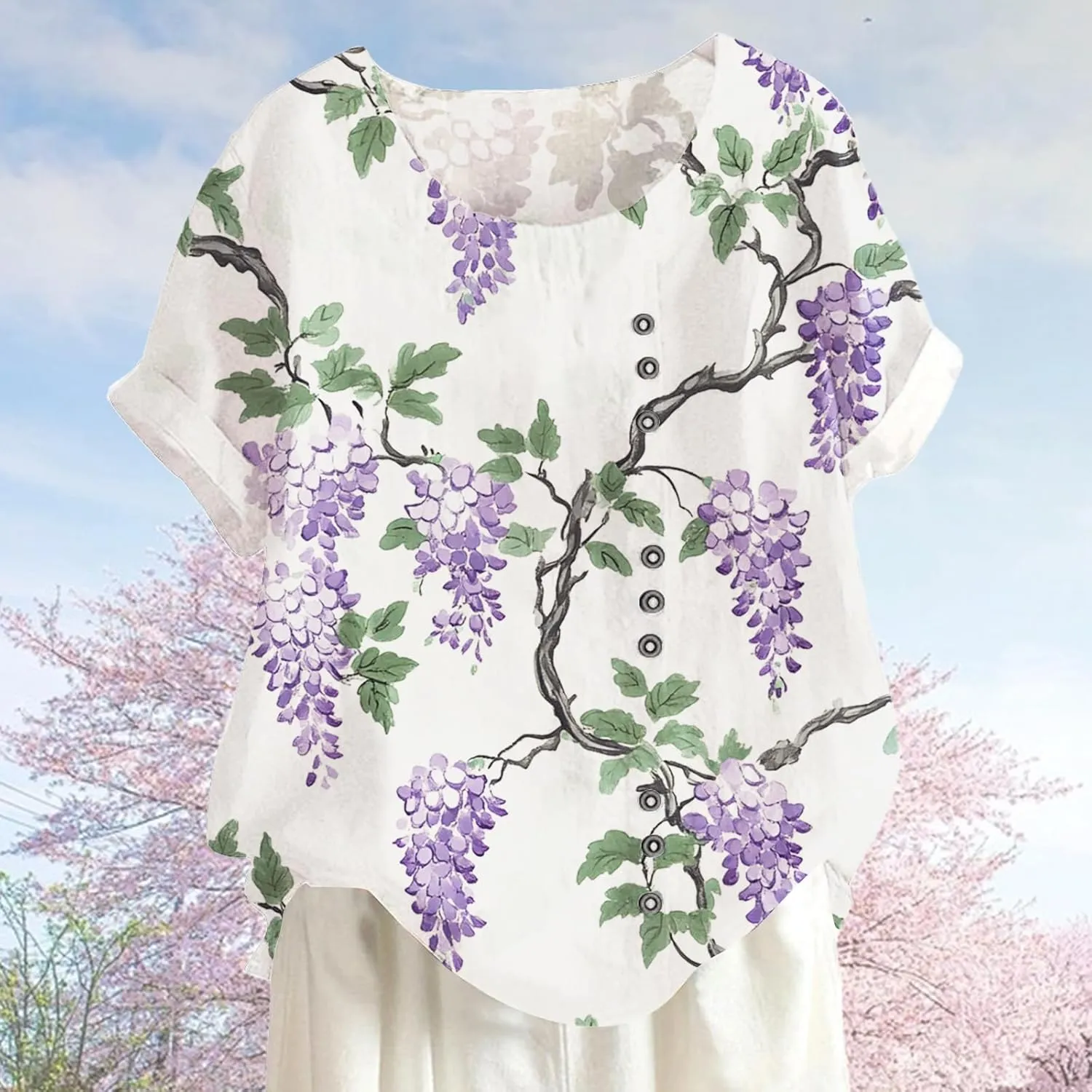 Button Decor Fruit Print Graphic T-Shirt Womens Summer Fashion Trend Bohe Crew Neck Short Sleeve Casual Blouses