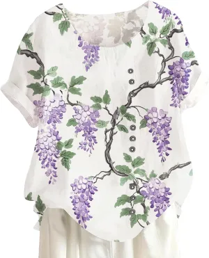 Button Decor Fruit Print Graphic T-Shirt Womens Summer Fashion Trend Bohe Crew Neck Short Sleeve Casual Blouses