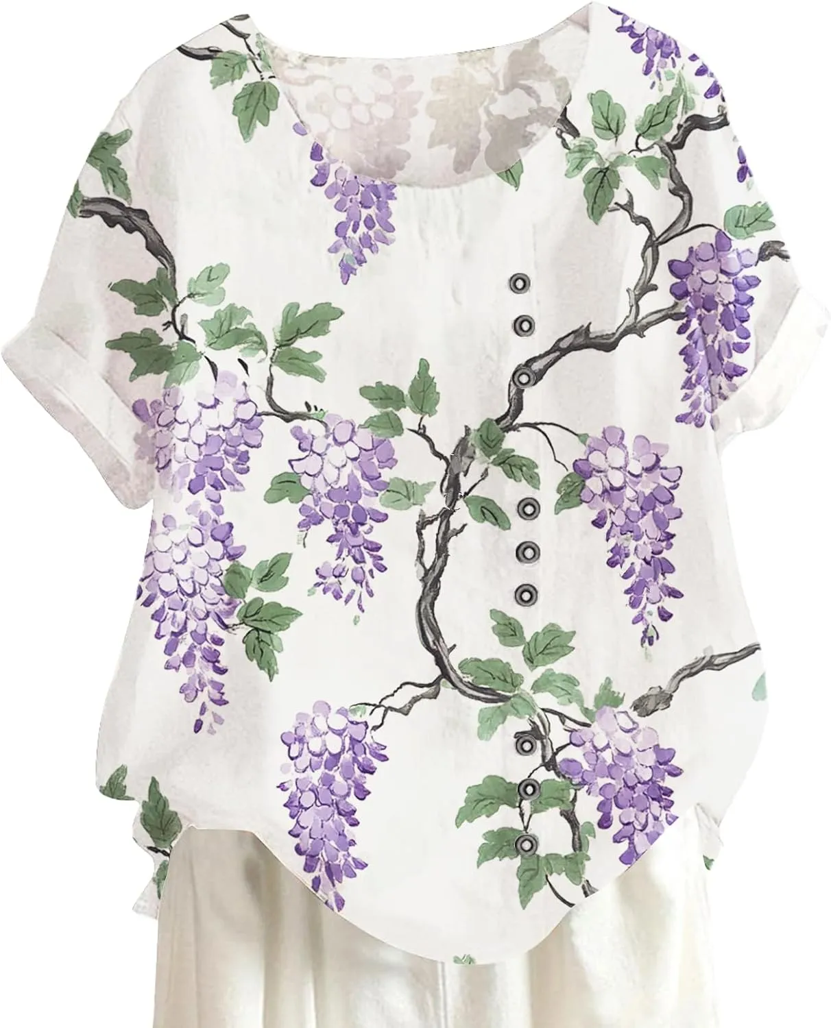 Button Decor Fruit Print Graphic T-Shirt Womens Summer Fashion Trend Bohe Crew Neck Short Sleeve Casual Blouses