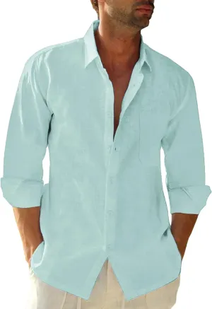 Button Down Linen Shirts for Men Casual Long Sleeve Regular Fit Cotton Beach Shirts with Pocket