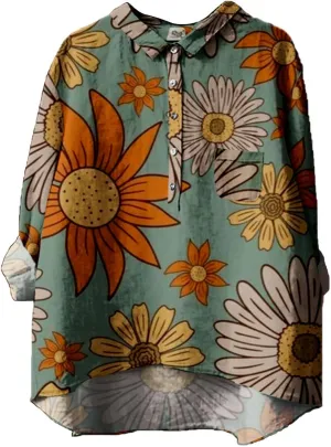 Button Down Shirts for Women Printed Loose Fit Tee Tops Lapel Neck Button Blouses Long Womens Clothes Trendy Spring