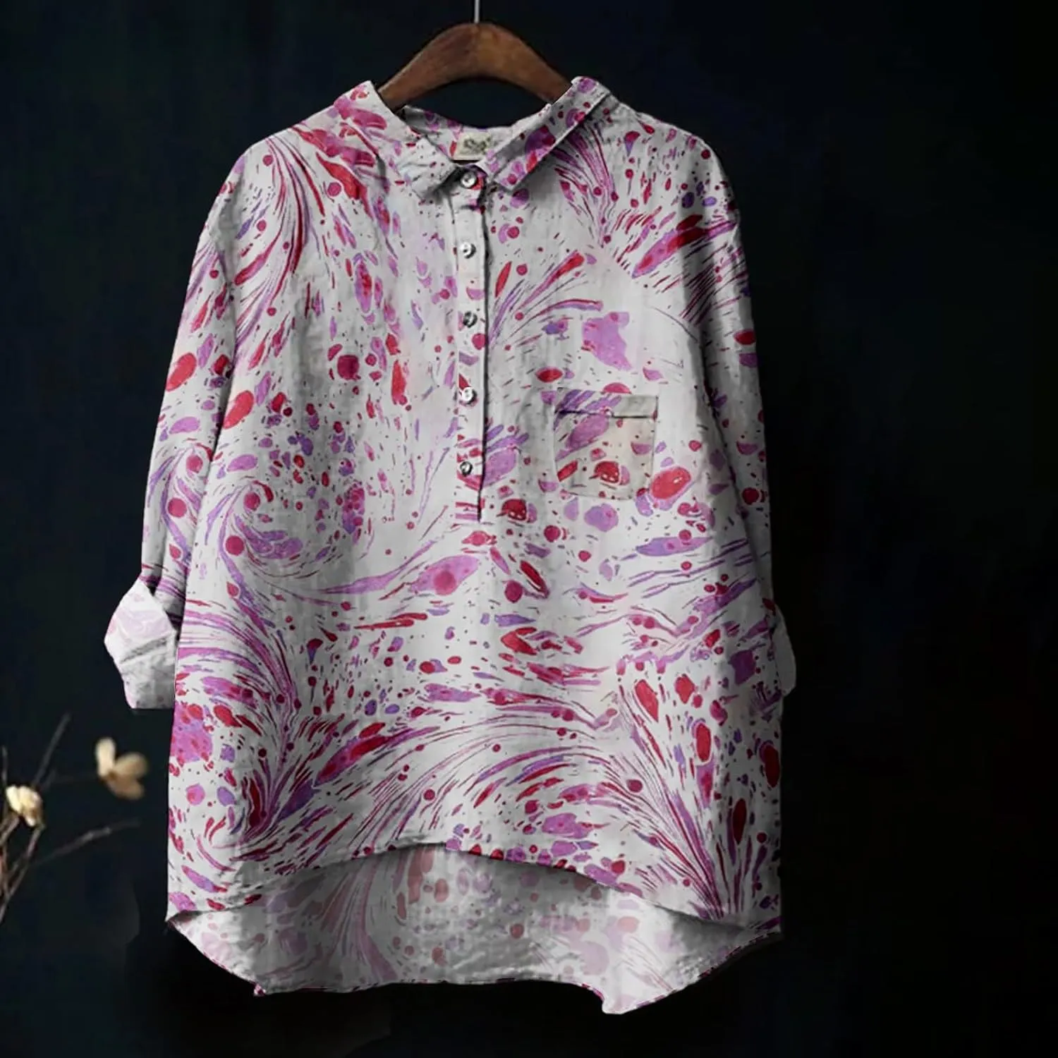 Button Down Shirts for Women Printed Loose Fit Tee Tops Lapel Neck Button Blouses Long Womens Clothes Trendy Spring