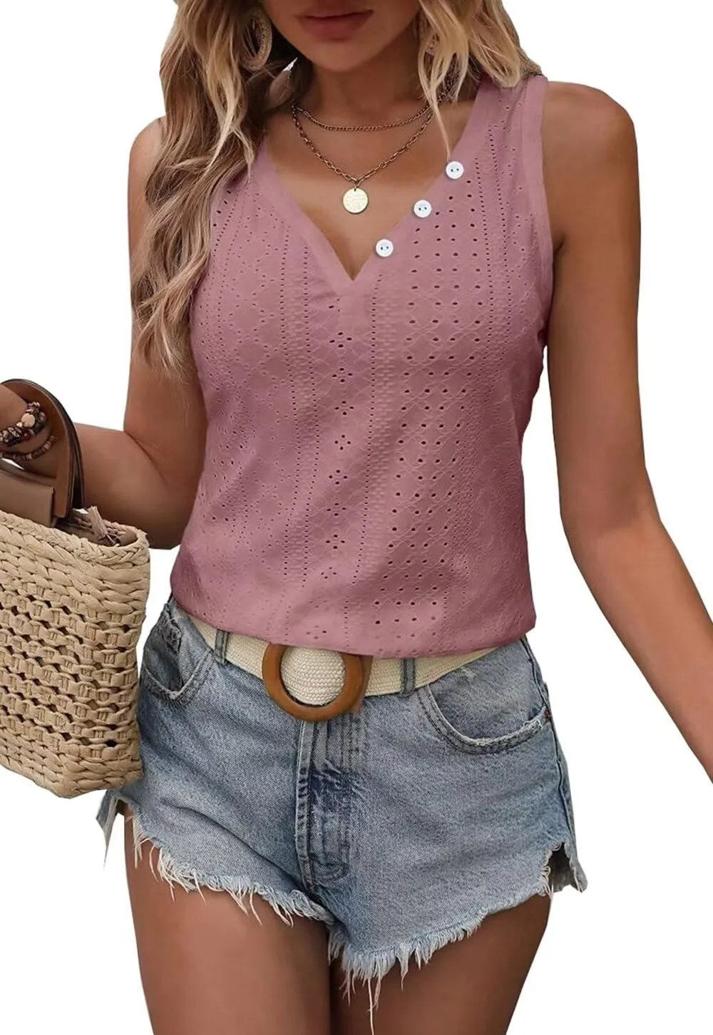 Button Embroidered Eyelet Tank Top Women Summer Tops Casual Country V Neck Tee Shirts Sleeveless Fashion Loose Blouse