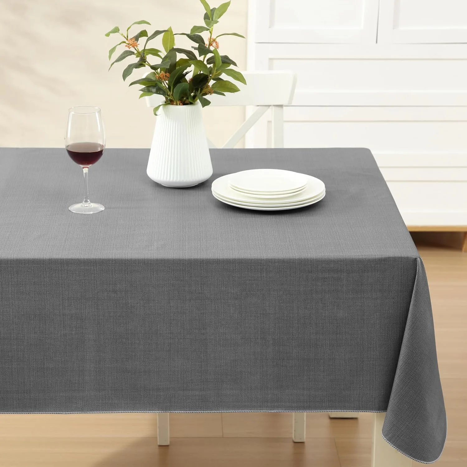 Cafe Hotel Linen Look Solid Color Heavy 4 Gauge Vinyl Flannel Backed Tablecloth, Indoor/Outdoor Wipe Clean Tablecloth, 60 Inch x 120 Inch Oblong/Rectangle, Grey