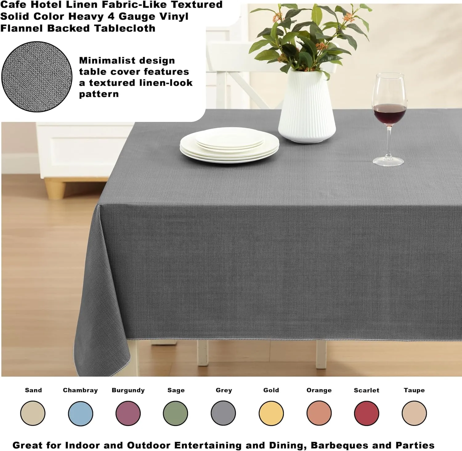 Cafe Hotel Linen Look Solid Color Heavy 4 Gauge Vinyl Flannel Backed Tablecloth, Indoor/Outdoor Wipe Clean Tablecloth, 60 Inch x 120 Inch Oblong/Rectangle, Grey