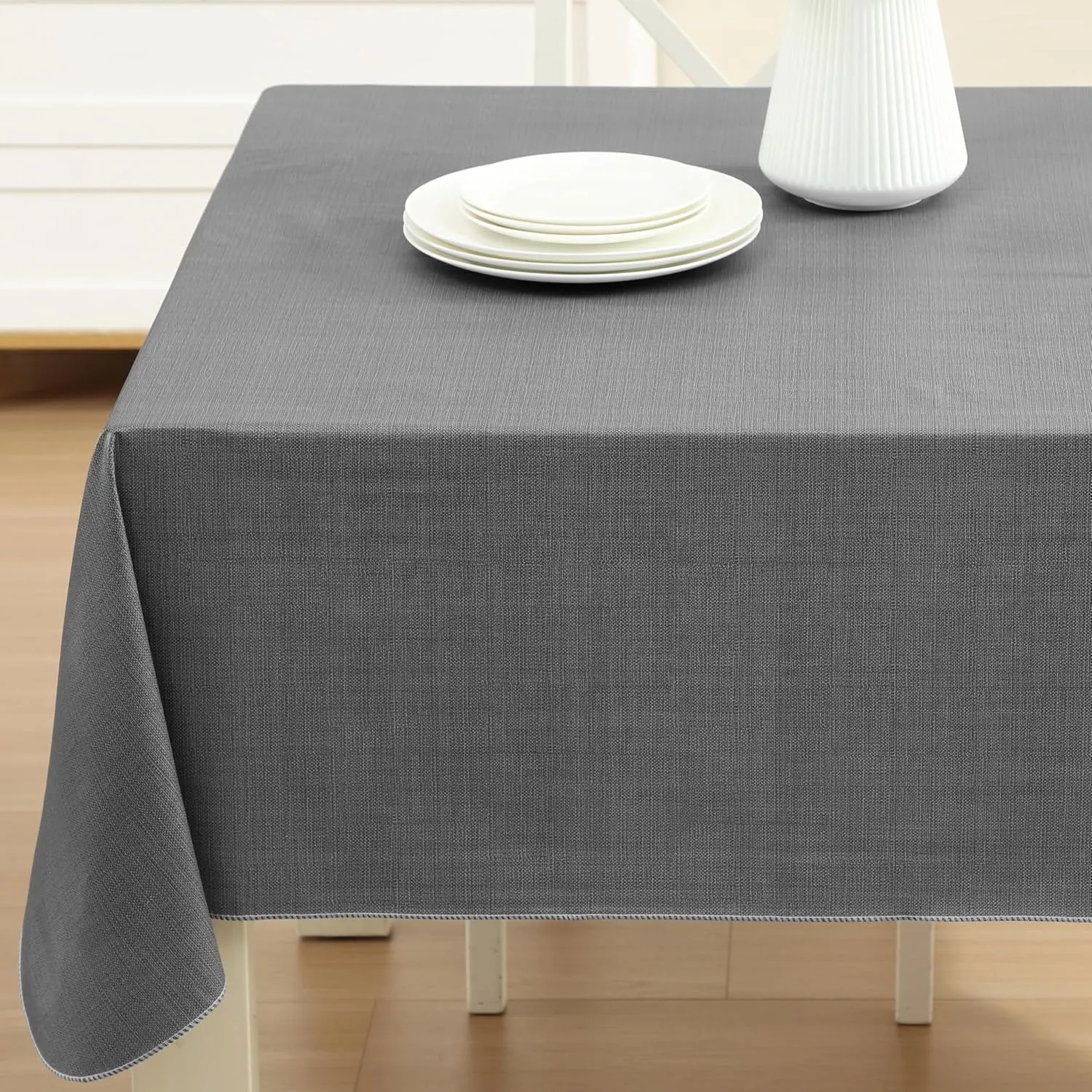 Cafe Hotel Linen Look Solid Color Heavy 4 Gauge Vinyl Flannel Backed Tablecloth, Indoor/Outdoor Wipe Clean Tablecloth, 60 Inch x 120 Inch Oblong/Rectangle, Grey