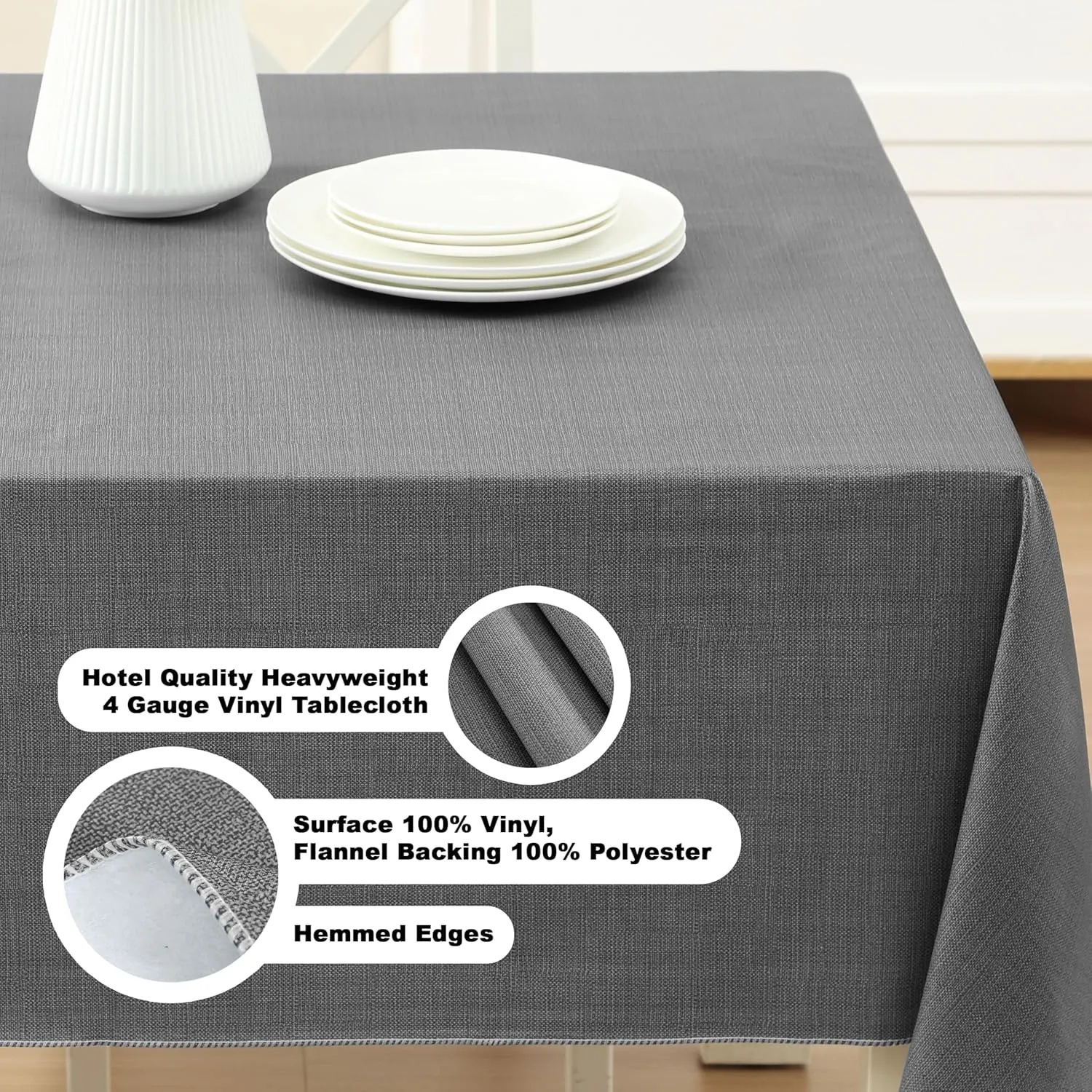 Cafe Hotel Linen Look Solid Color Heavy 4 Gauge Vinyl Flannel Backed Tablecloth, Indoor/Outdoor Wipe Clean Tablecloth, 60 Inch x 120 Inch Oblong/Rectangle, Grey